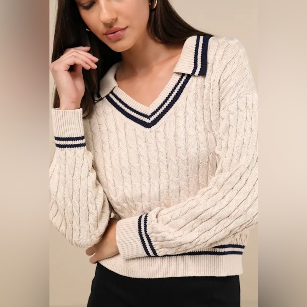 Lulus Posh Expert Beige Cable Knit Pullover Varsity Sweater, Size S - Picture 3 of 15